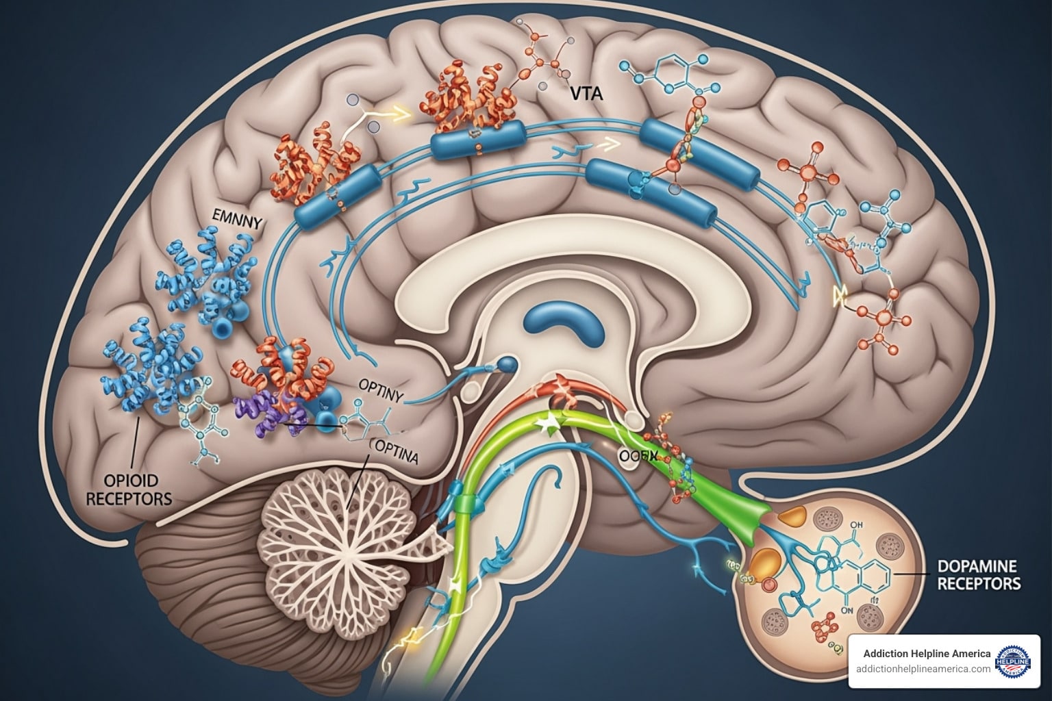 Brain's opioid receptors and dopamine pathways - Vicodin Detox