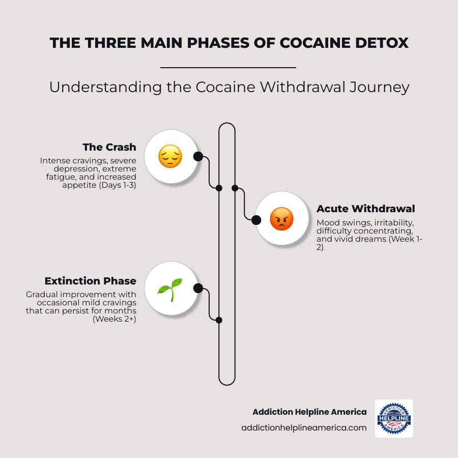 Infographic showing the three main phases of cocaine withdrawal: Phase 1 - The Crash (Days 1-3) with symptoms including intense cravings, severe depression, extreme fatigue, and increased appetite; Phase 2 - Acute Withdrawal (Week 1-2) with mood swings, irritability, difficulty concentrating, and vivid dreams; Phase 3 - Extinction Phase (Weeks 2+) showing gradual improvement with occasional mild cravings that may persist for months - Cocaine Detox infographic infographic-line-3-steps-elegant_beige