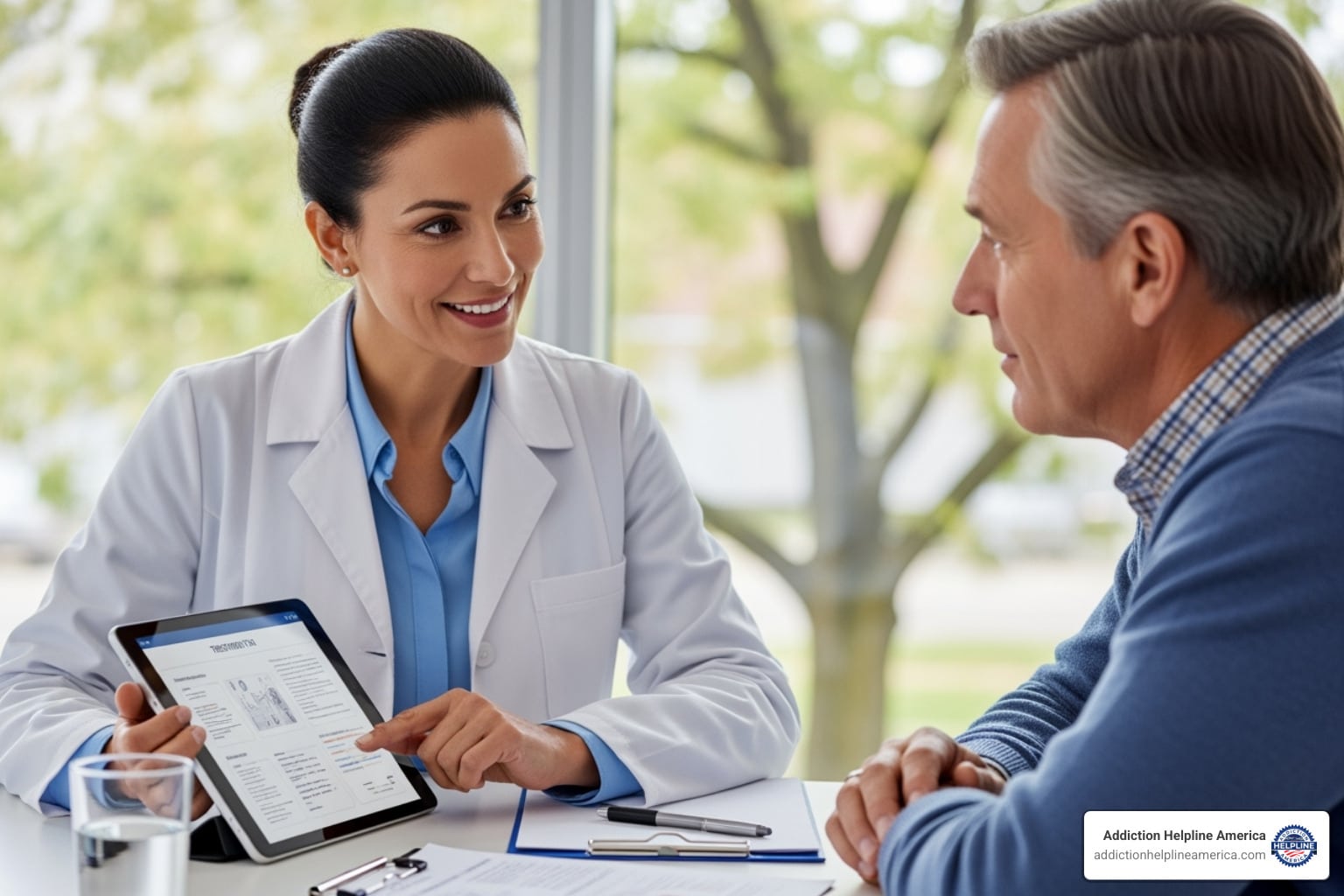 a compassionate doctor reviewing a treatment plan with a patient - Drug Detox