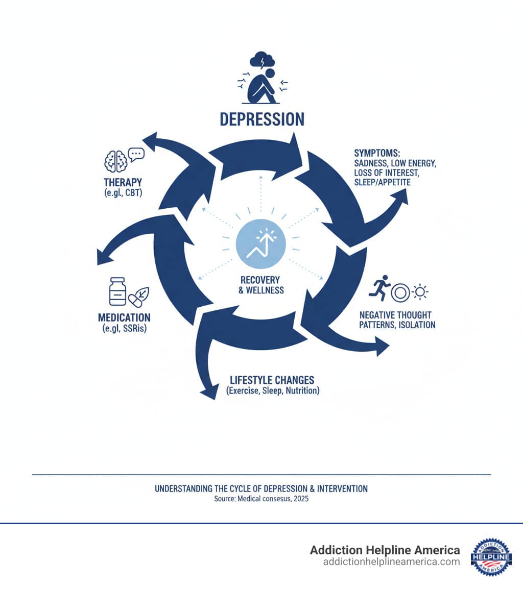 infographic showing the cycle of depression and intervention points including therapy, medication, and lifestyle changes - Depression Treatment infographic