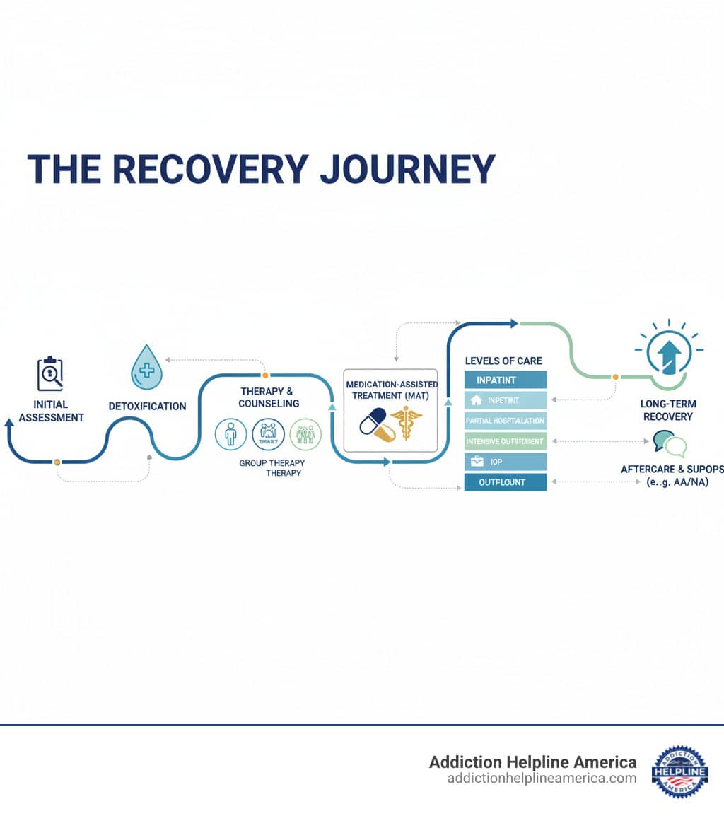 infographic showing the drug addiction treatment journey from initial assessment through detox, various therapy types including individual counseling group therapy and family therapy, medication-assisted treatment options, different levels of care from inpatient to outpatient, and aftercare support including sober living and self-help groups leading to long-term recovery - Drug Addiction Treatment infographic
