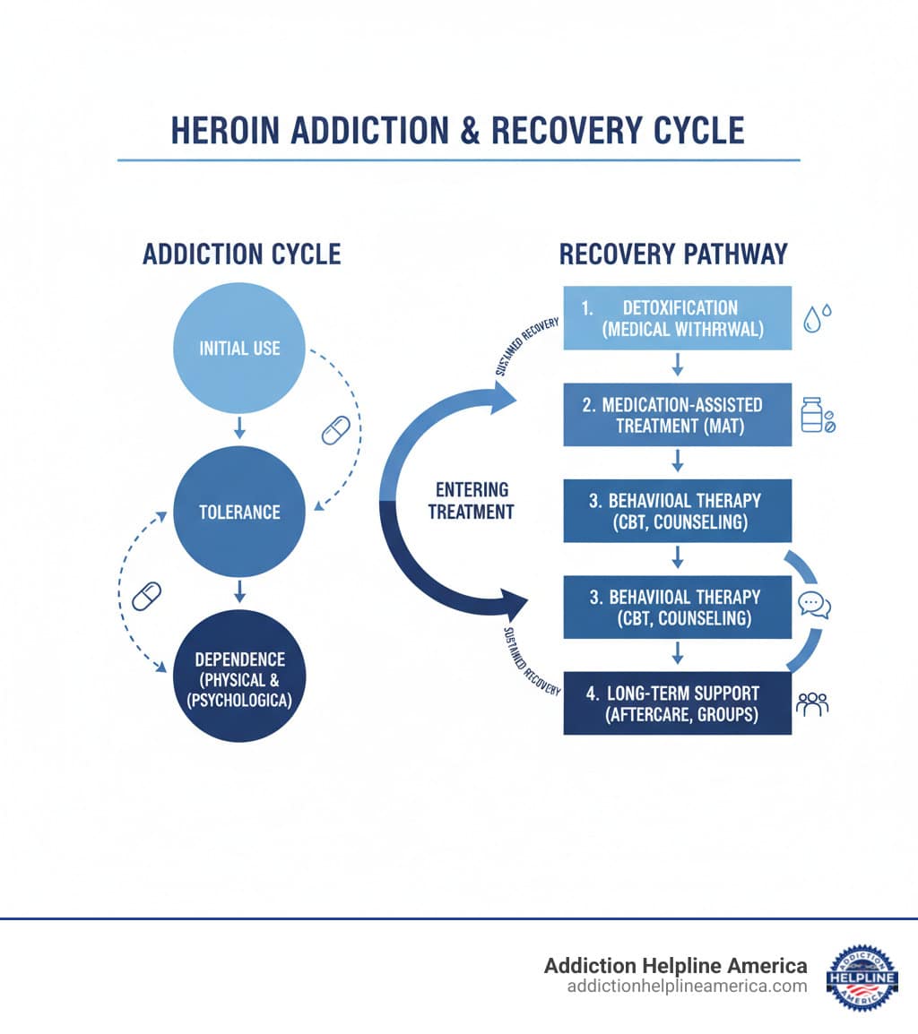 Comprehensive overview showing the cycle of heroin addiction starting with initial use leading to tolerance and dependence, followed by the recovery pathway including detoxification, medication-assisted treatment, behavioral therapy, and long-term support, with arrows indicating the progression and interconnection between treatment components - Heroin Addiction Treatment infographic