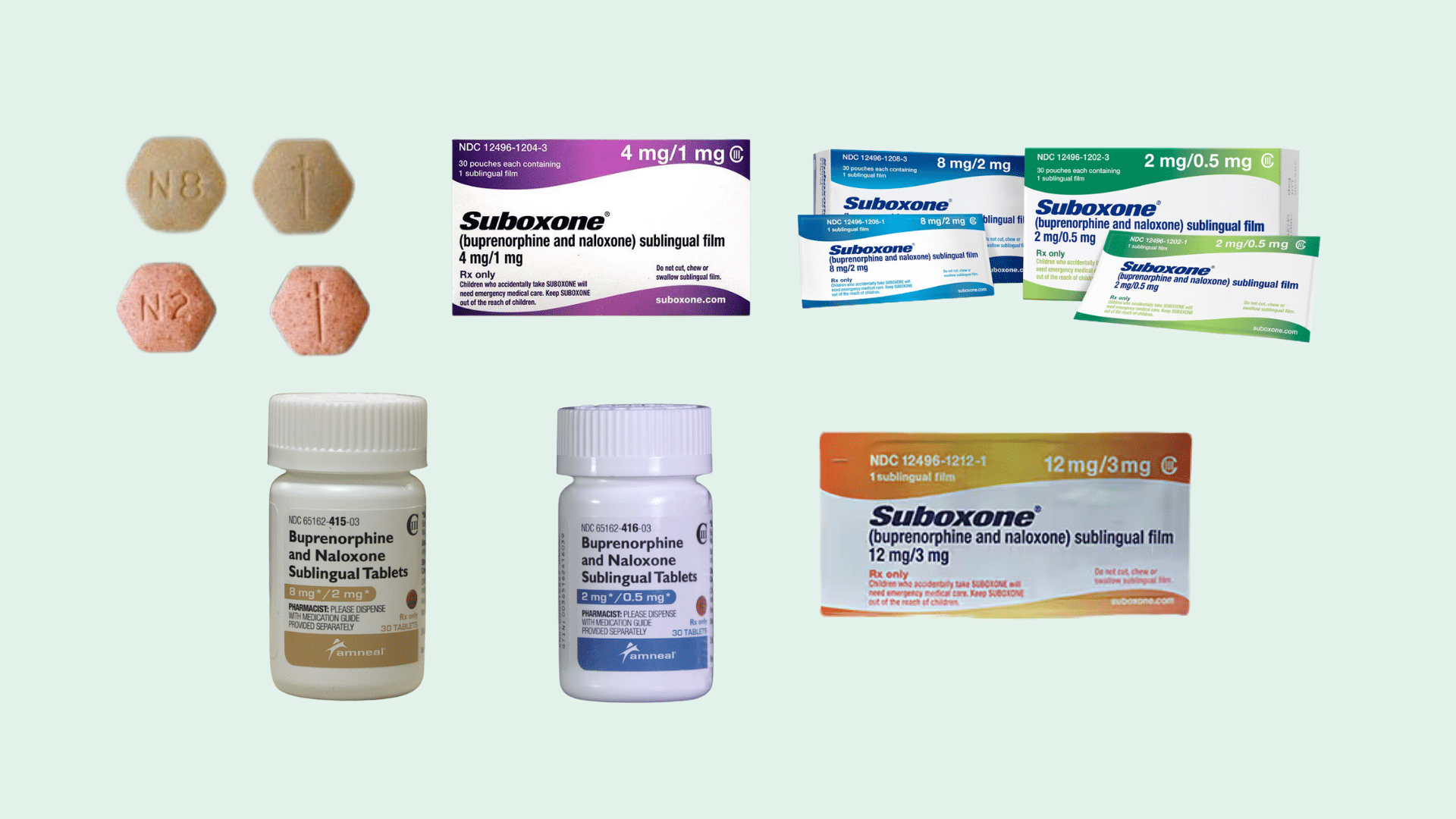 Different forms of medication for opioid use disorder, including pills, sublingual films, and injectable solutions - Opioid Addiction Treatment