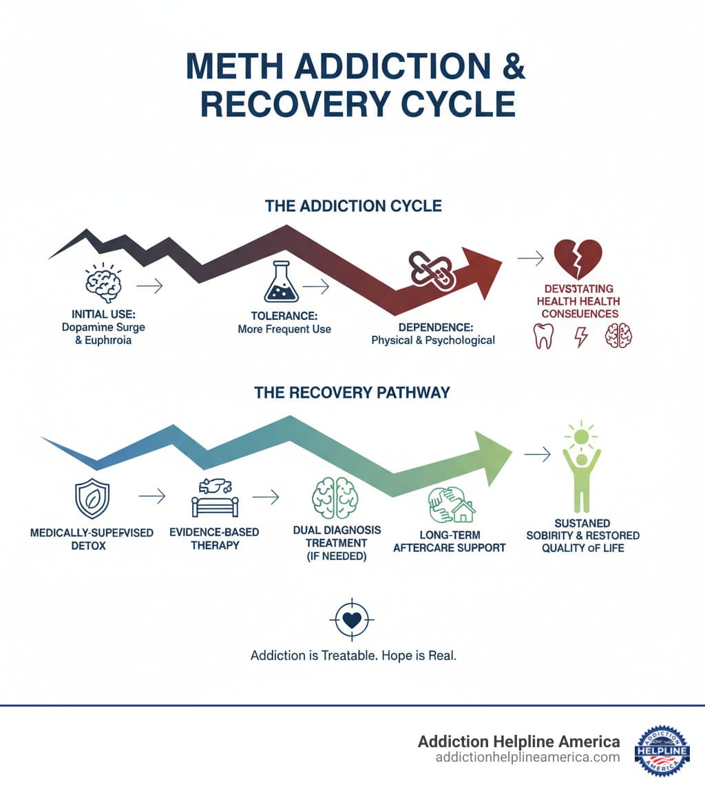 Infographic showing the meth addiction cycle: initial use leads to dopamine surge and euphoria, followed by tolerance requiring more frequent use, then physical and psychological dependence, leading to devastating health consequences. The recovery pathway shows medically-supervised detox, evidence-based therapy, dual diagnosis treatment if needed, and long-term aftercare support leading to sustained sobriety and restored quality of life. - Meth Addiction Treatment infographic