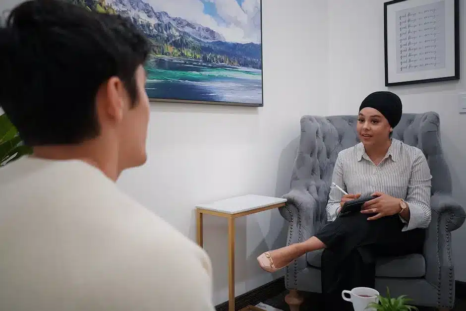 Therapist providing one-on-one counseling during inpatient drug rehab, helping clients address addiction and build coping strategies for recovery.