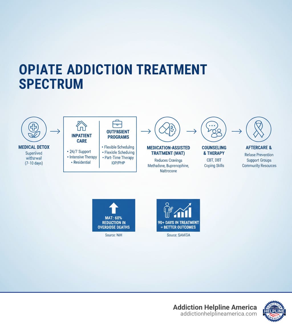 infographic showing the spectrum of opiate addiction treatment options from medical detox through inpatient care, outpatient programs, medication-assisted treatment, counseling, and aftercare, with key statistics on treatment effectiveness and recovery outcomes - Opiate Addiction Treatment Centers infographic