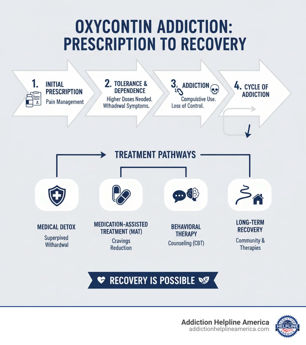 Infographic showing the progression of OxyContin addiction from initial prescription through tolerance development, physical dependence, and addiction, with treatment pathways including detox, medication-assisted treatment, behavioral therapy, and long-term recovery support - Oxycontin Addiction Treatment infographic