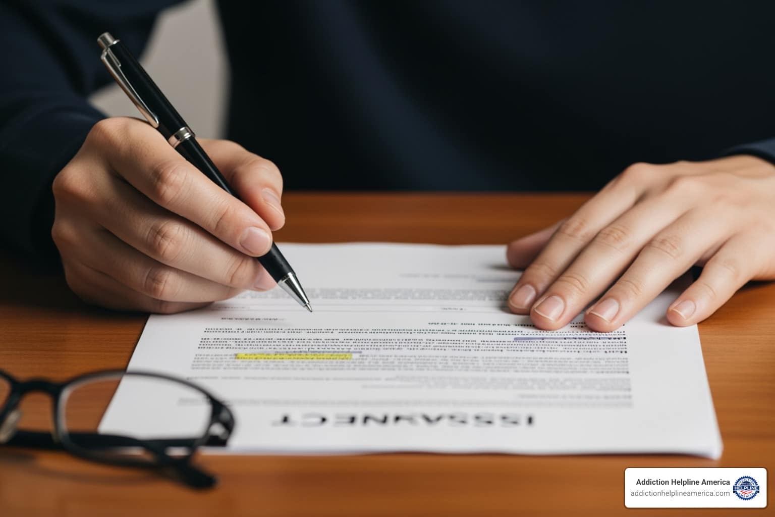 Someone reviewing an insurance document with a pen - Alcohol Addiction Rehab Centers